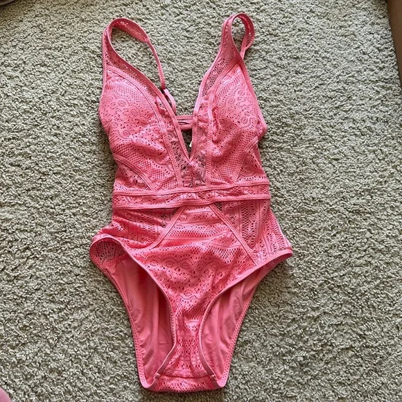 Becca Swim Coral Pink Cut Out Lace One Piece Swimsuit - Small - Picture 2 of 9